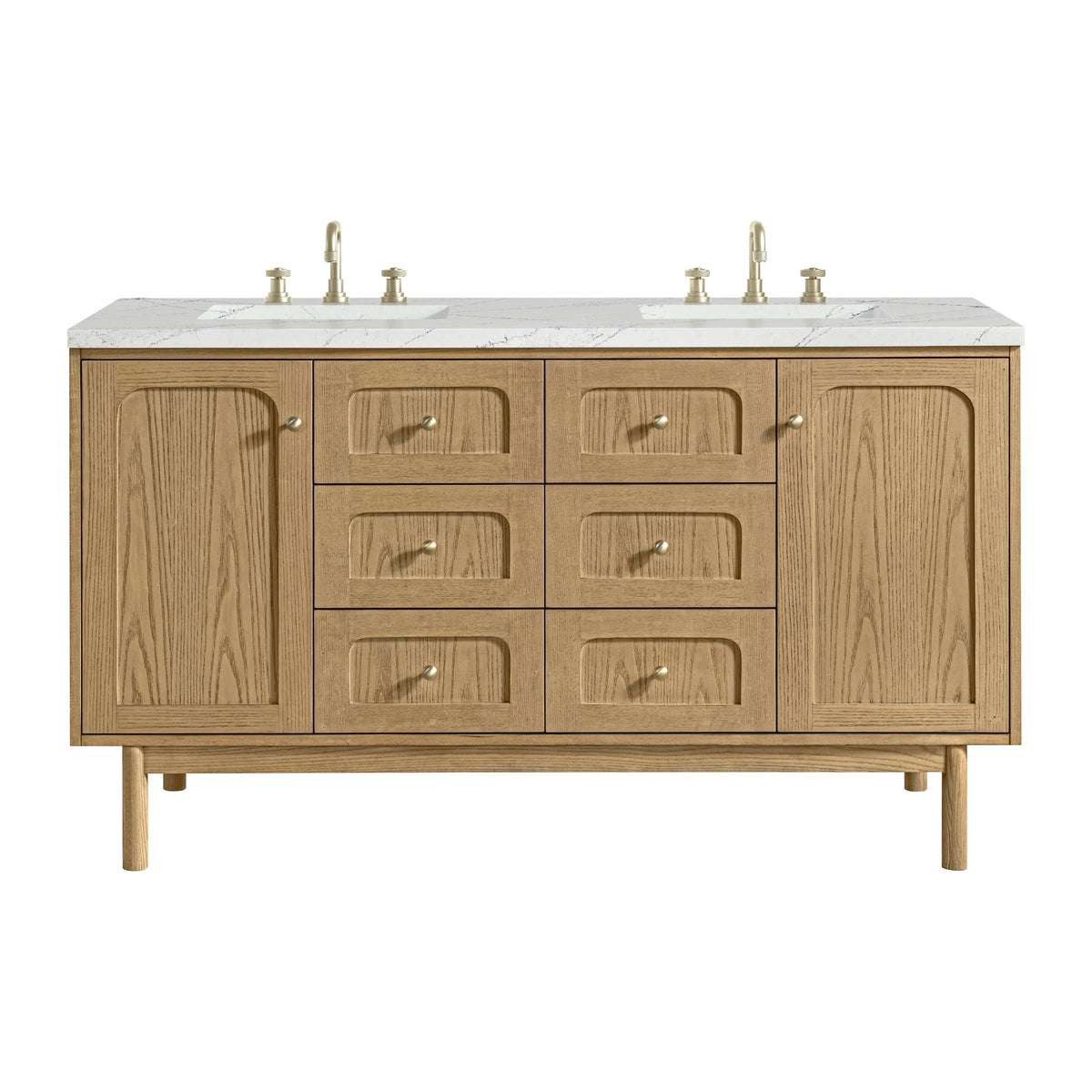 Laurent 60" Double Vanity, Light Natural Oak, w/ 3 CM Ethereal Noctis Quartz Top w/FreePower Wireless Charger