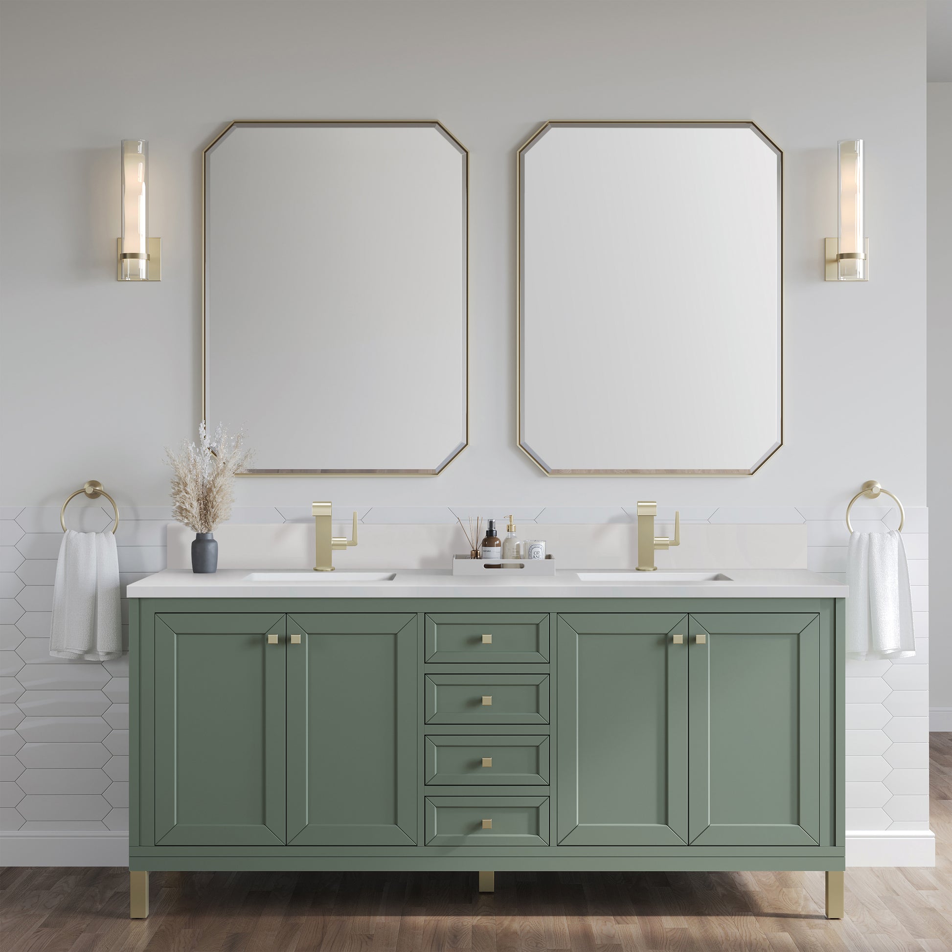 Renovate for Less Atlanta Chicago 72" Double Vanity, Smokey Celadon, w/ Single Hole 3CM White Zeus Silestone® Top & Backsplash