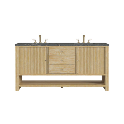 Renovate for Less Atlanta Marigot 72" Double Vanity, Sunwashed Oak w/ 3 CM Parisien Bleu Silestone Top w/ FreePower Wireless Charger