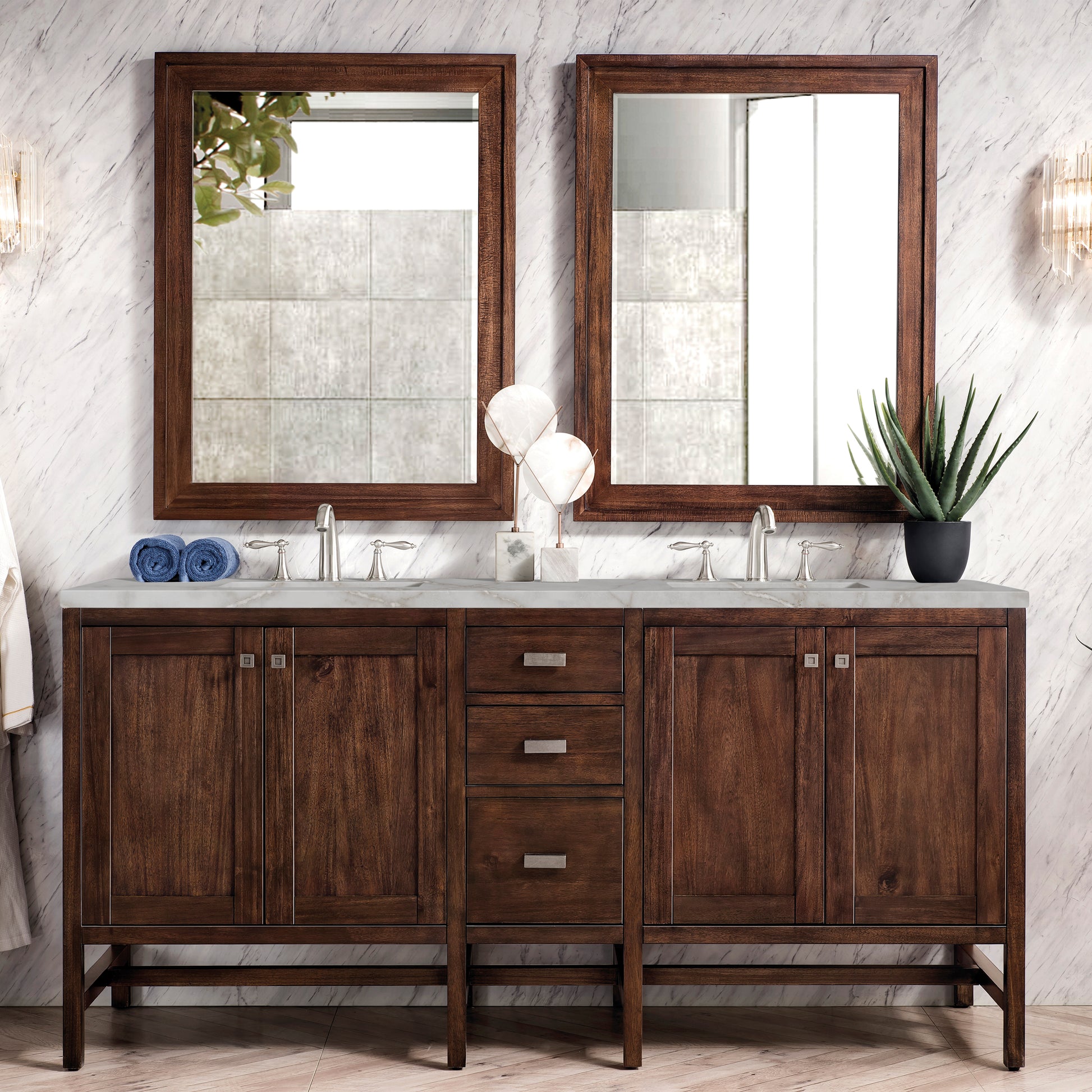 Renovate for Less Atlanta Addison 72" Double Vanity, Mid-Century Acacia w/ 3 CM Victorian Silver Silestone Top