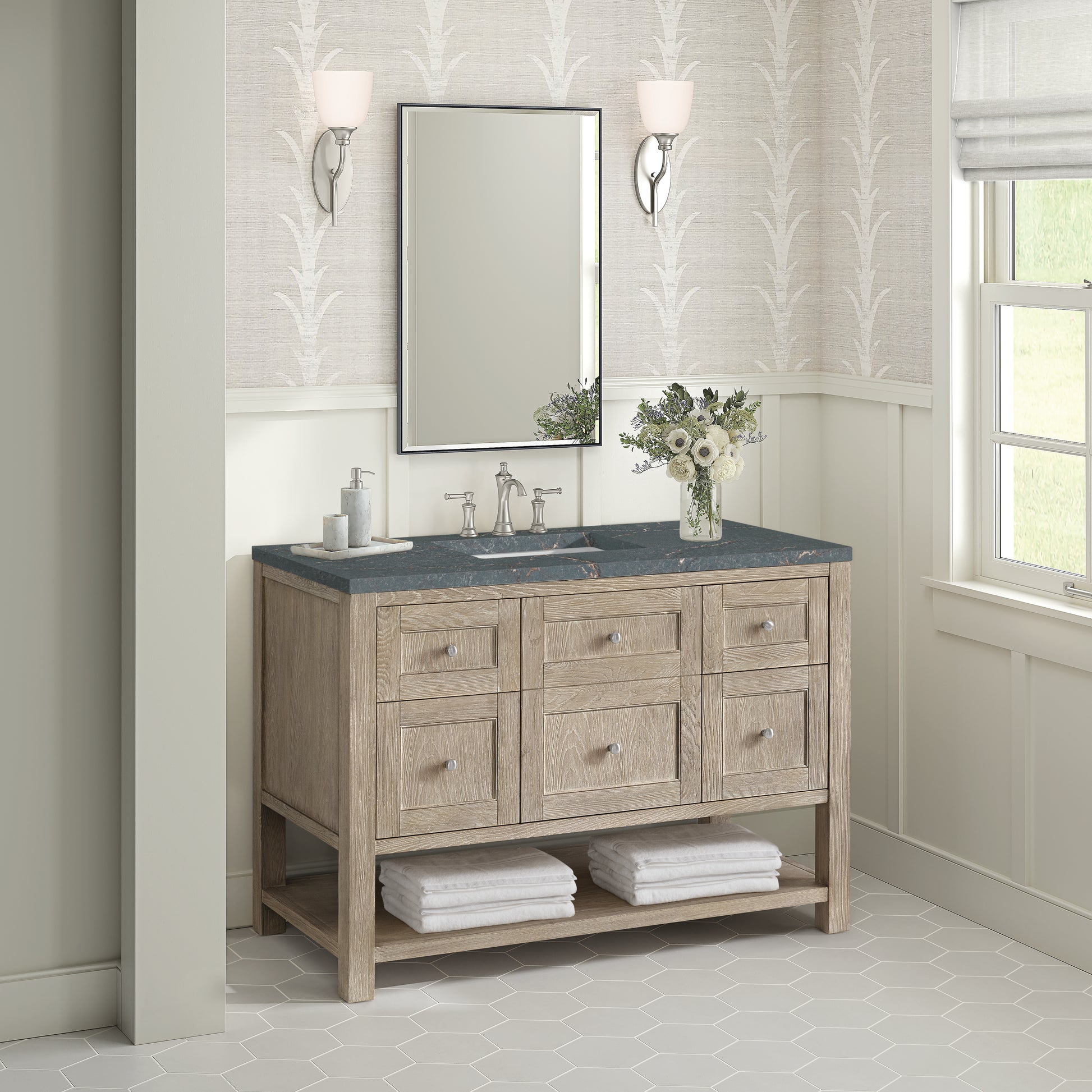 Renovate for Less Atlanta Breckenridge 48" Single Vanity, Whitewashed Oak w/ 3 CM Parisien Bleu Silestone Top