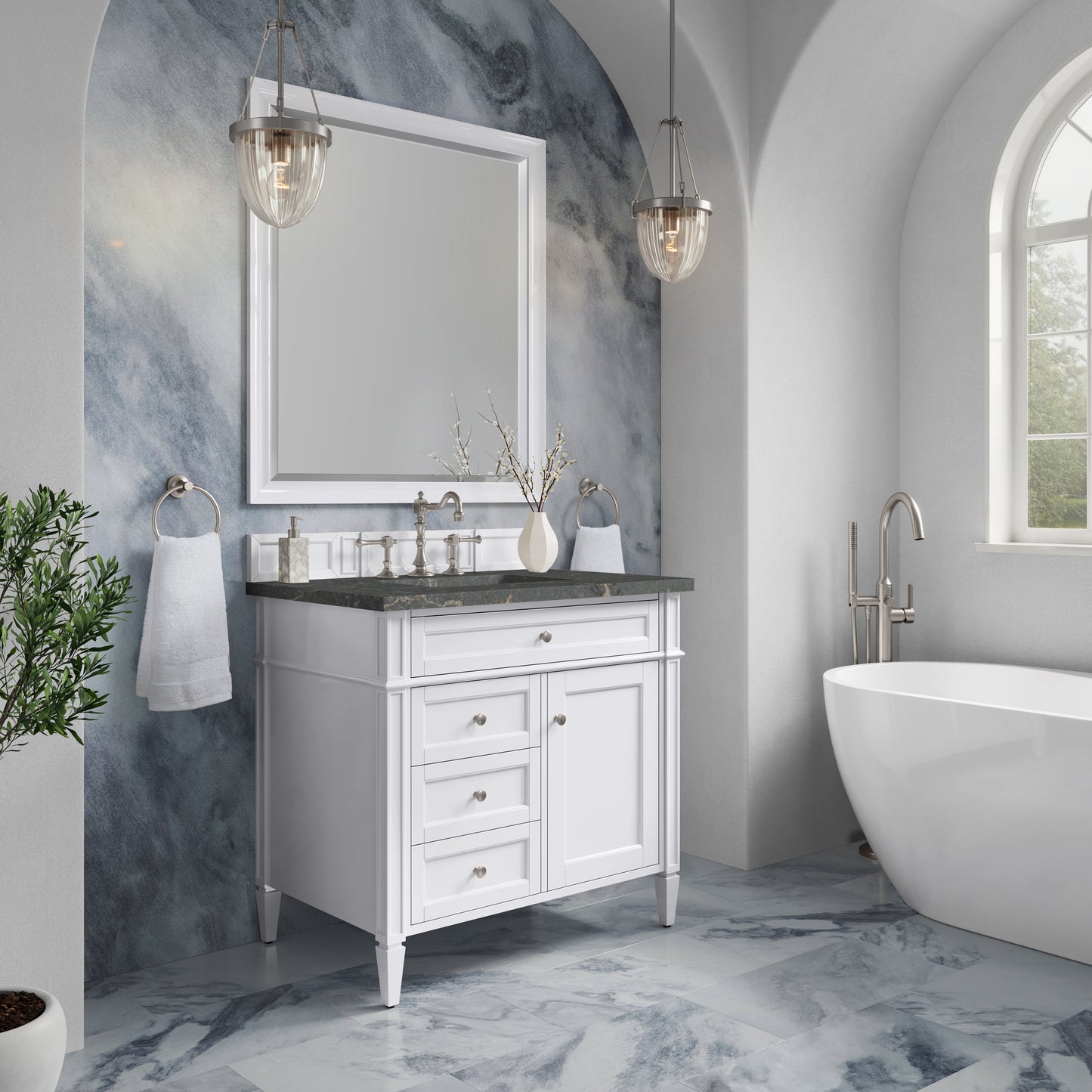Renovate for Less Atlanta Brittany 36" Single Vanity, Bright White w/ 3 CM Parisien Bleu Silestone Top