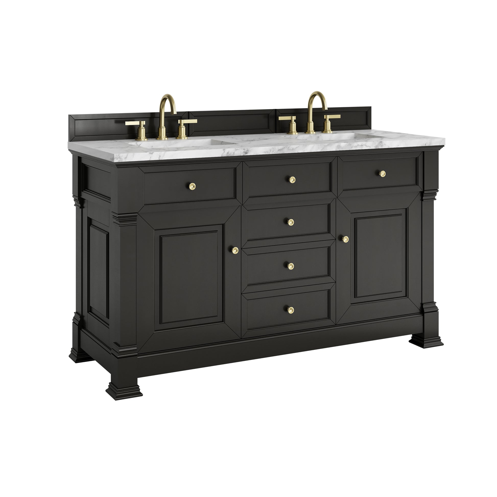 Renovate for Less Atlanta Brookfield 60" Double Vanity, Black Onyx w/3 CM Carrara White Marble Top