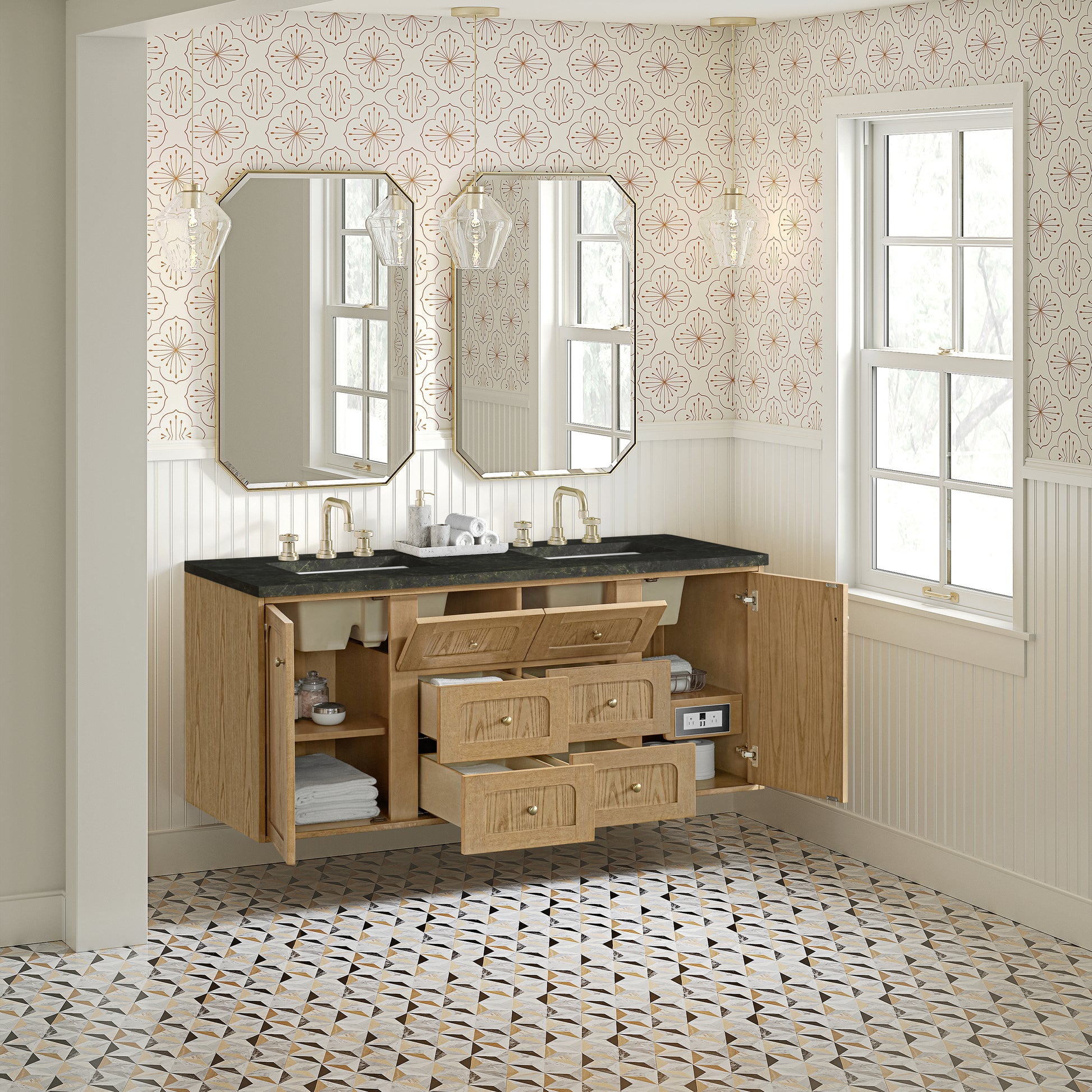 Renovate for Less Atlanta Laurent 60" Double Vanity, Light Natural Oak, w/ 3 CM Phantome Eclos Top