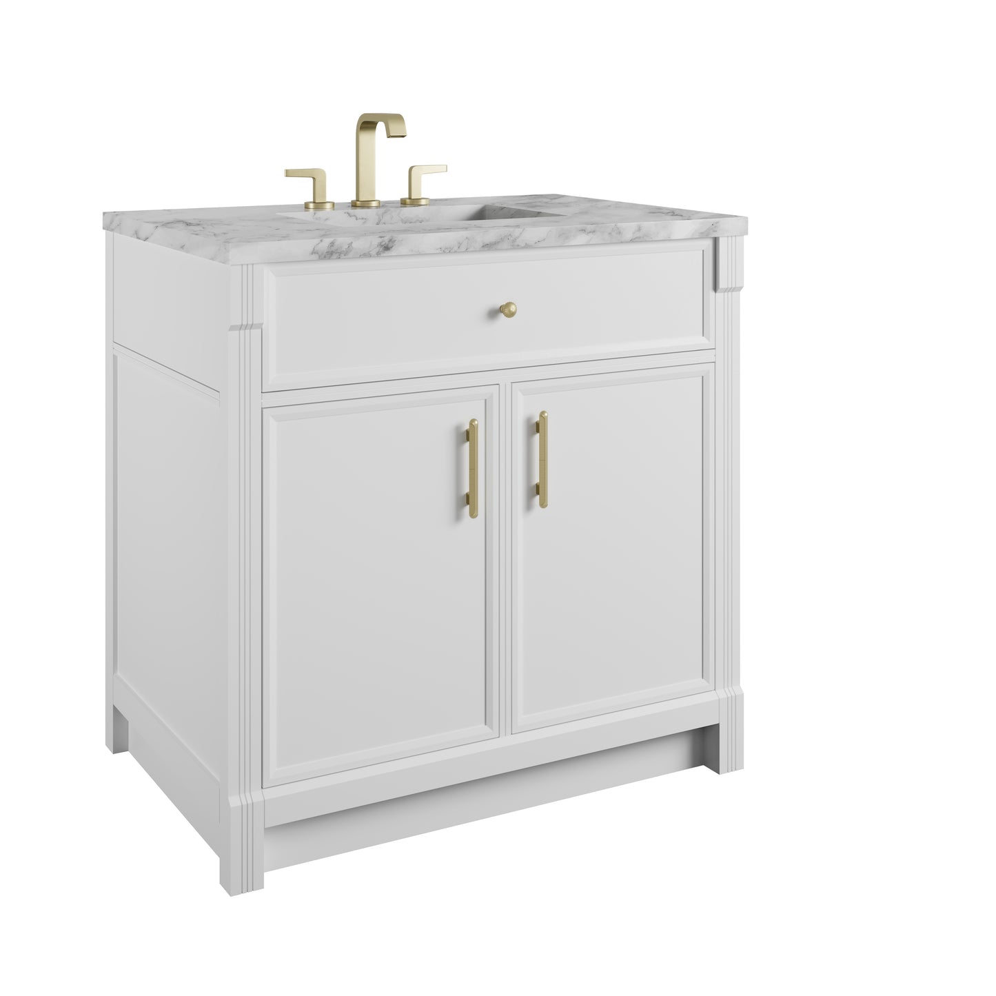 Renovate for Less Atlanta Bellshire 36" Single Vanity, Bright White w/ 3 CM Carrara Marble Top