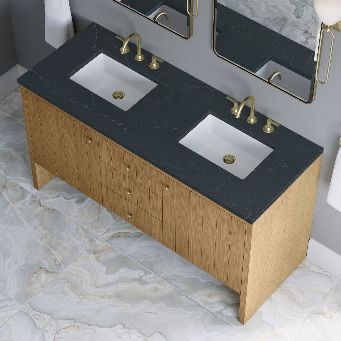 Renovate for Less Atlanta Hudson 60" Double Vanity, Light Natural Oak w/ 3 CM Charcoal Soapstone Top