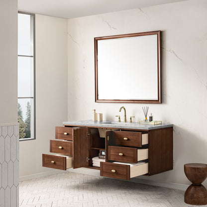 Renovate for Less Atlanta Amberly 60" Single Vanity, Mid-Century Walnut w/ 3 CM Eternal Jasmine Pearl Top w/FreePower Wireless Charger