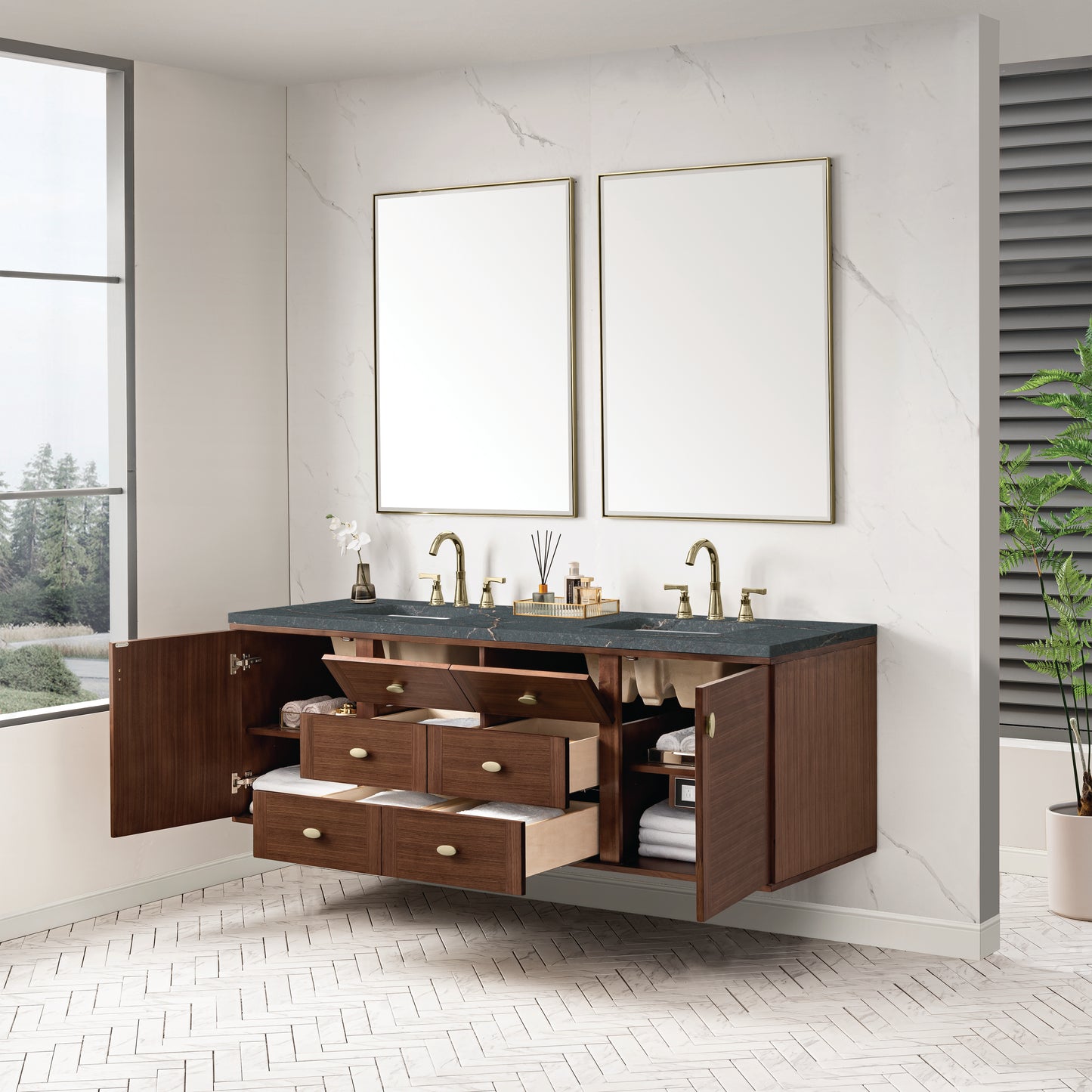 Renovate for Less Atlanta Amberly 72" Double Vanity, Mid-Century Walnut w/ 3 CM Parisien Bleu Top w/FreePower Wireless Charger
