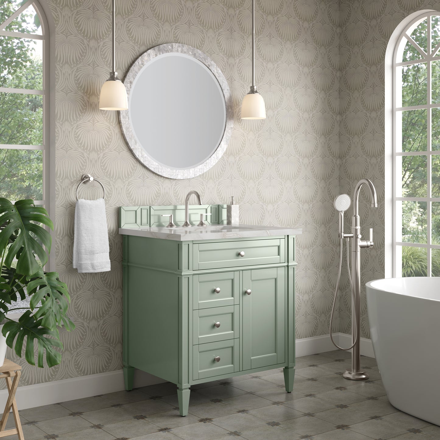 Renovate for Less Atlanta Brittany 30" Single Vanity, Sage Green, w/ 3 CM Victorian Silver Silestone Top