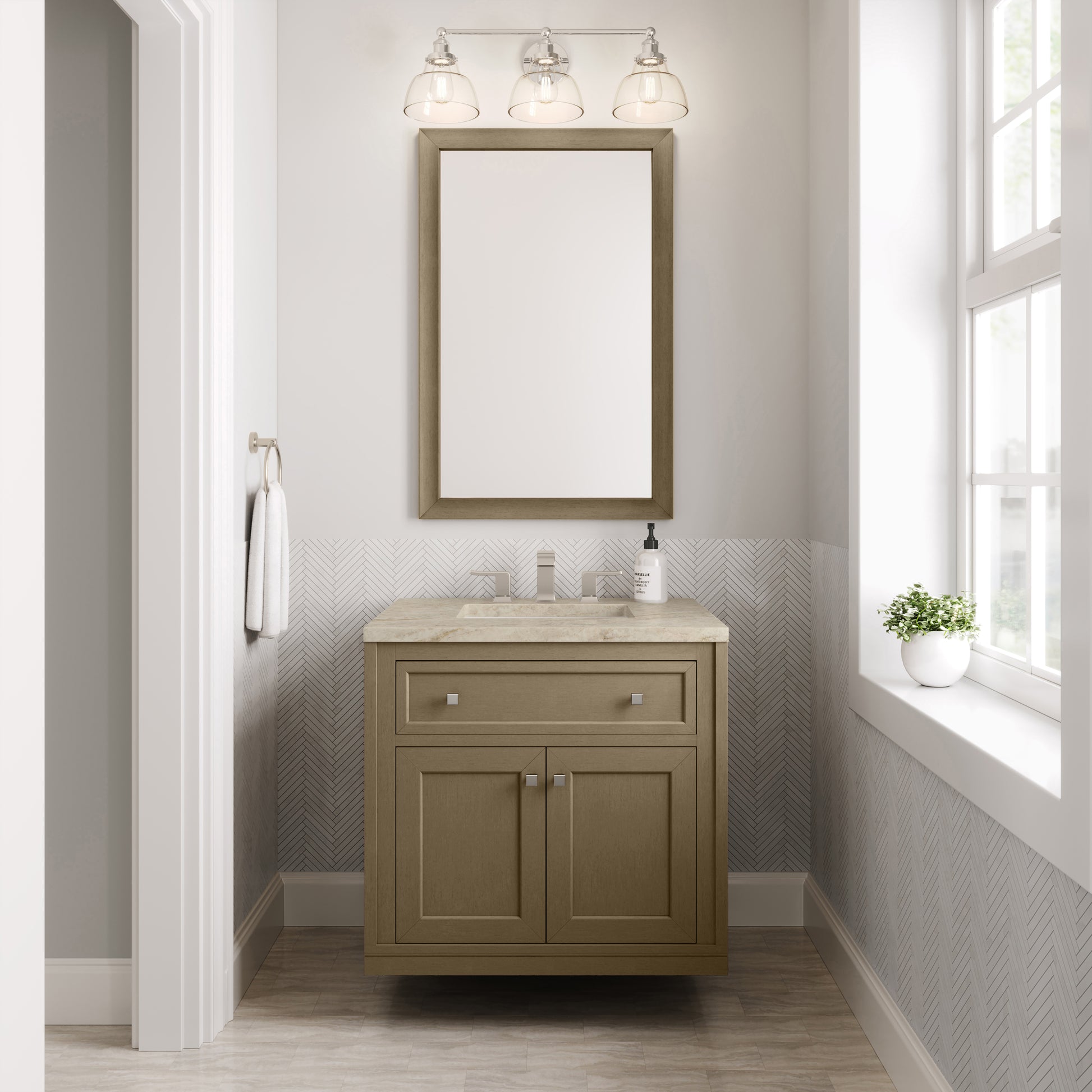 Renovate for Less Atlanta Chicago 30" Single Vanity, Walnut Whisper, w/ 3 CM Tajnar Eclos Top