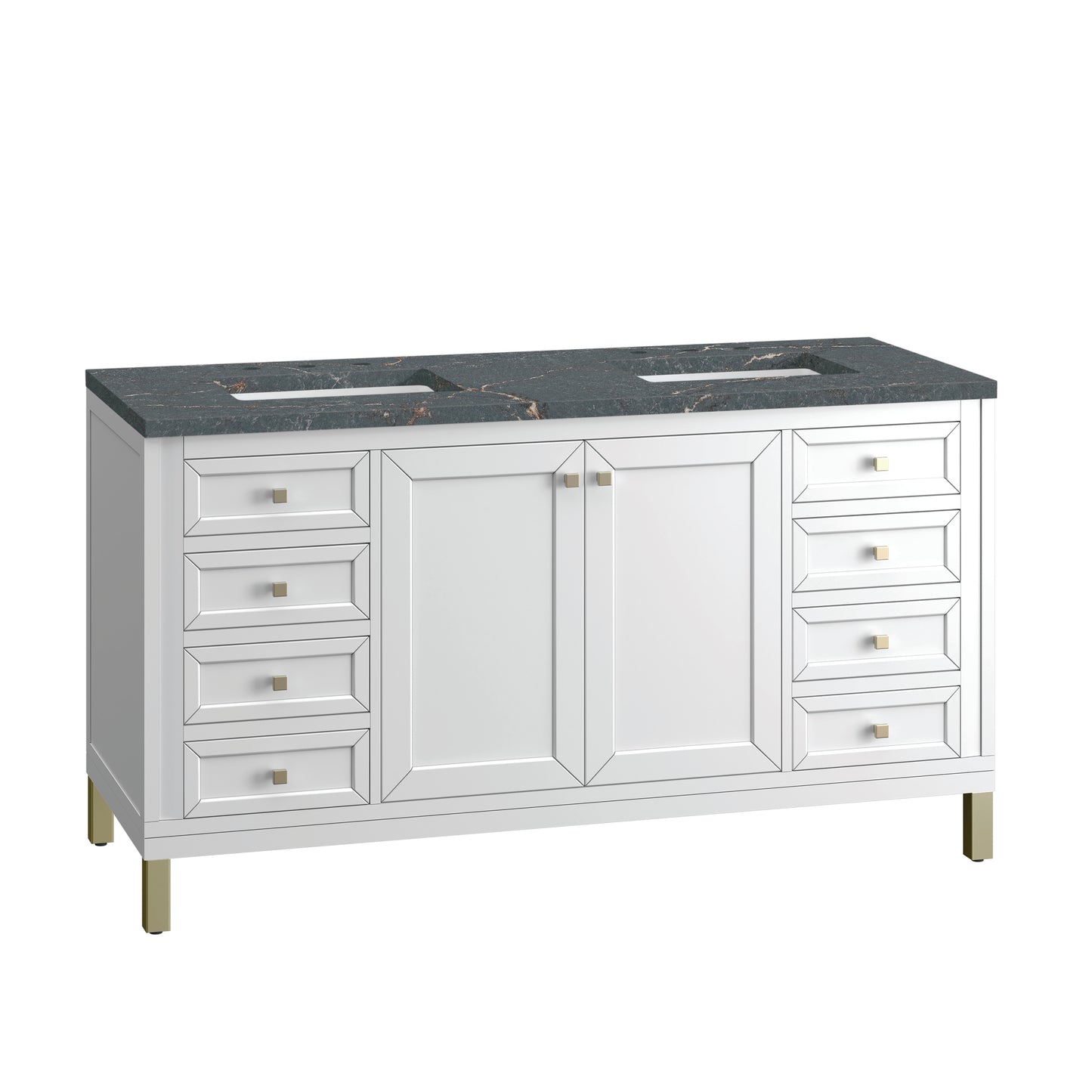 Renovate for Less Atlanta Chicago 60" Double Vanity, Glossy White, w/ 3 CM Parisien Bleu Silestone® Top w/FreePower Wireless Charger