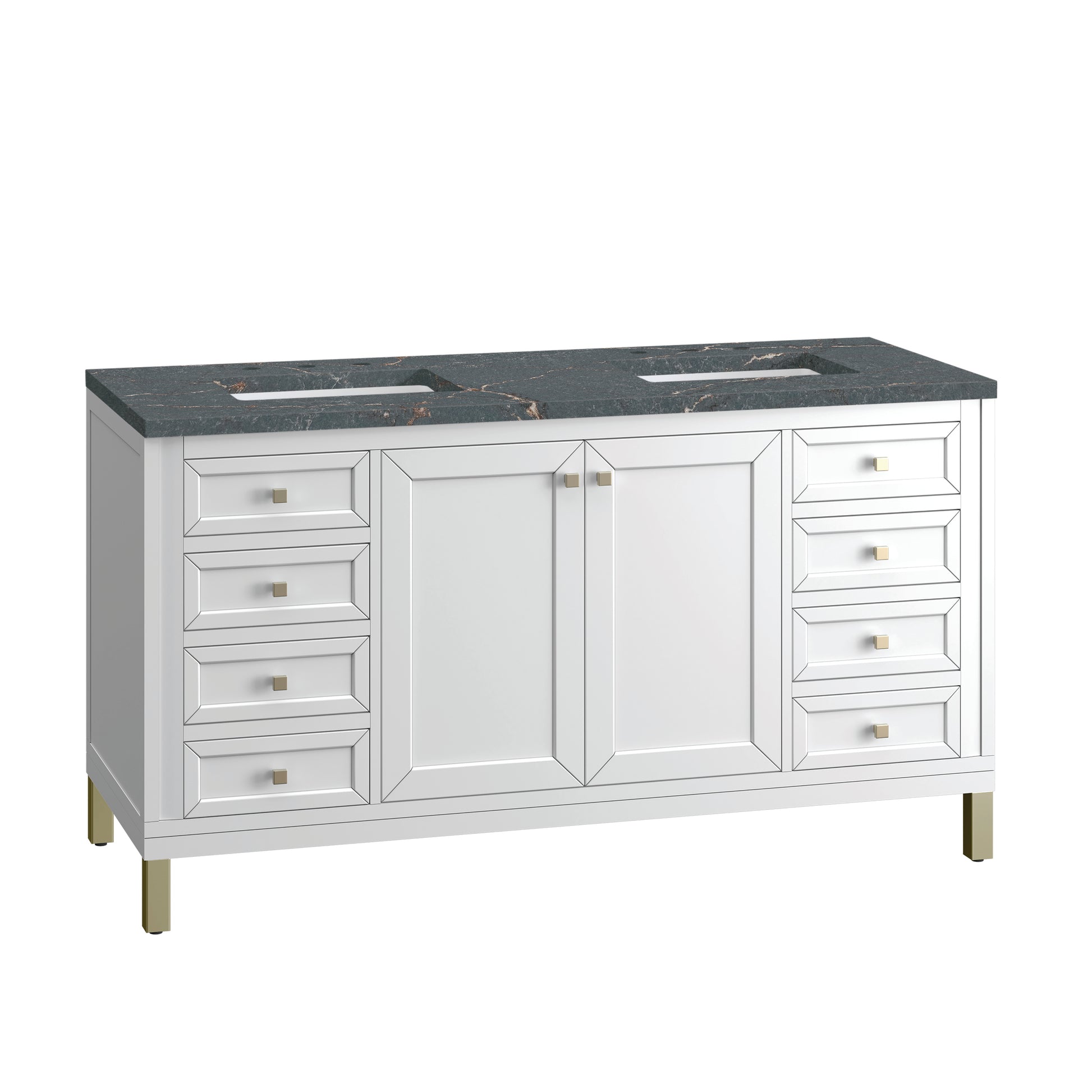Renovate for Less Atlanta Chicago 60" Double Vanity, Glossy White, w/ 3 CM Parisien Bleu Silestone® Top w/FreePower Wireless Charger