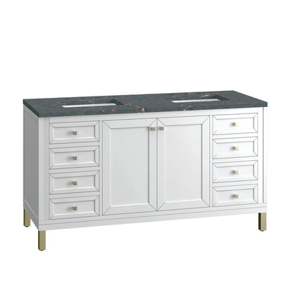 Chicago 60" Double Vanity, Glossy White, w/ 3 CM Parisien Bleu Silestone® Top w/FreePower Wireless Charger