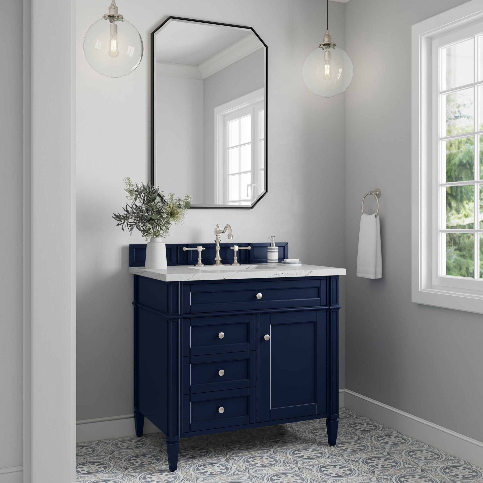 Renovate for Less Atlanta Brittany 36" Single Vanity, Victory Blue w/ 3 CM Ethereal Noctis Silestone Top