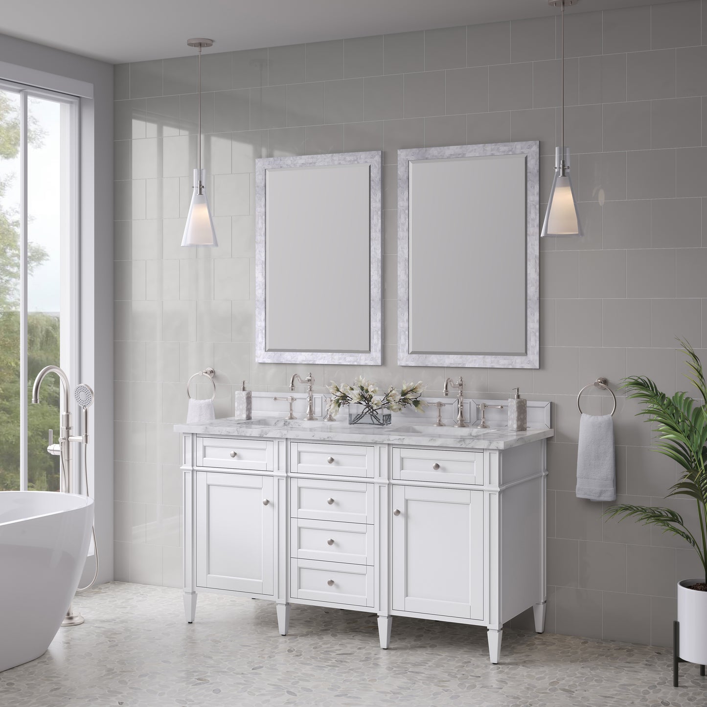 Renovate for Less Atlanta Brittany 60" Double Vanity, Bright White Vanity w/ 3 CM Carrara Marble Top