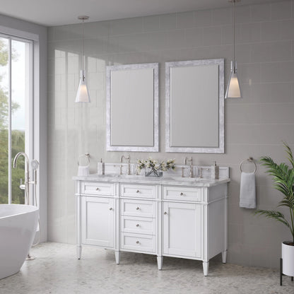 Brittany 60" Double Vanity, Bright White Vanity w/ 3 CM Carrara Marble Top