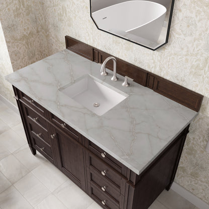 Renovate for Less Atlanta Brittany 48" Single Vanity, Burnished Mahogany w/ 3 CM Victorian Silver Silestone Top