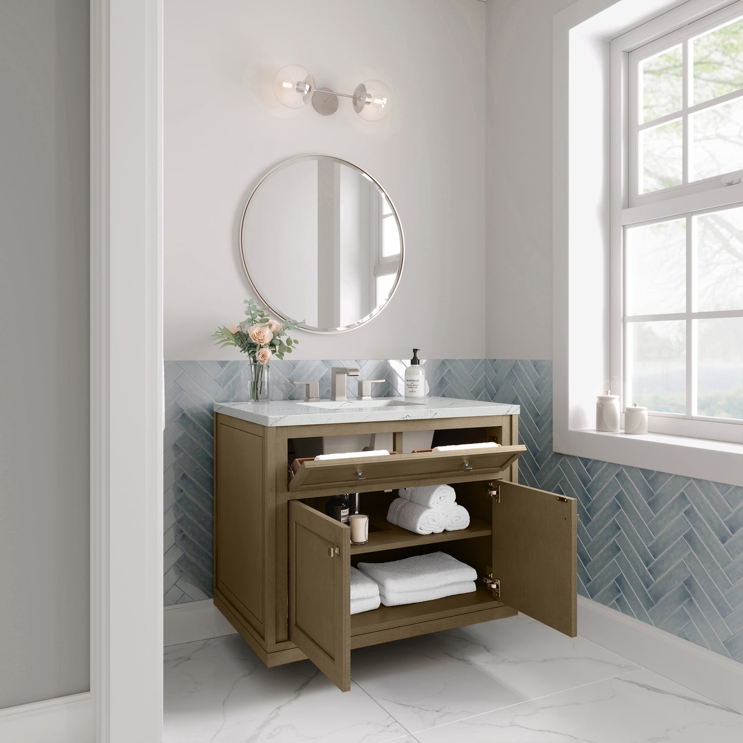 Renovate for Less Atlanta Chicago 36" Single Vanity, Walnut Whisper, w/ 3 CM Ethereal Noctis Silestone® Top