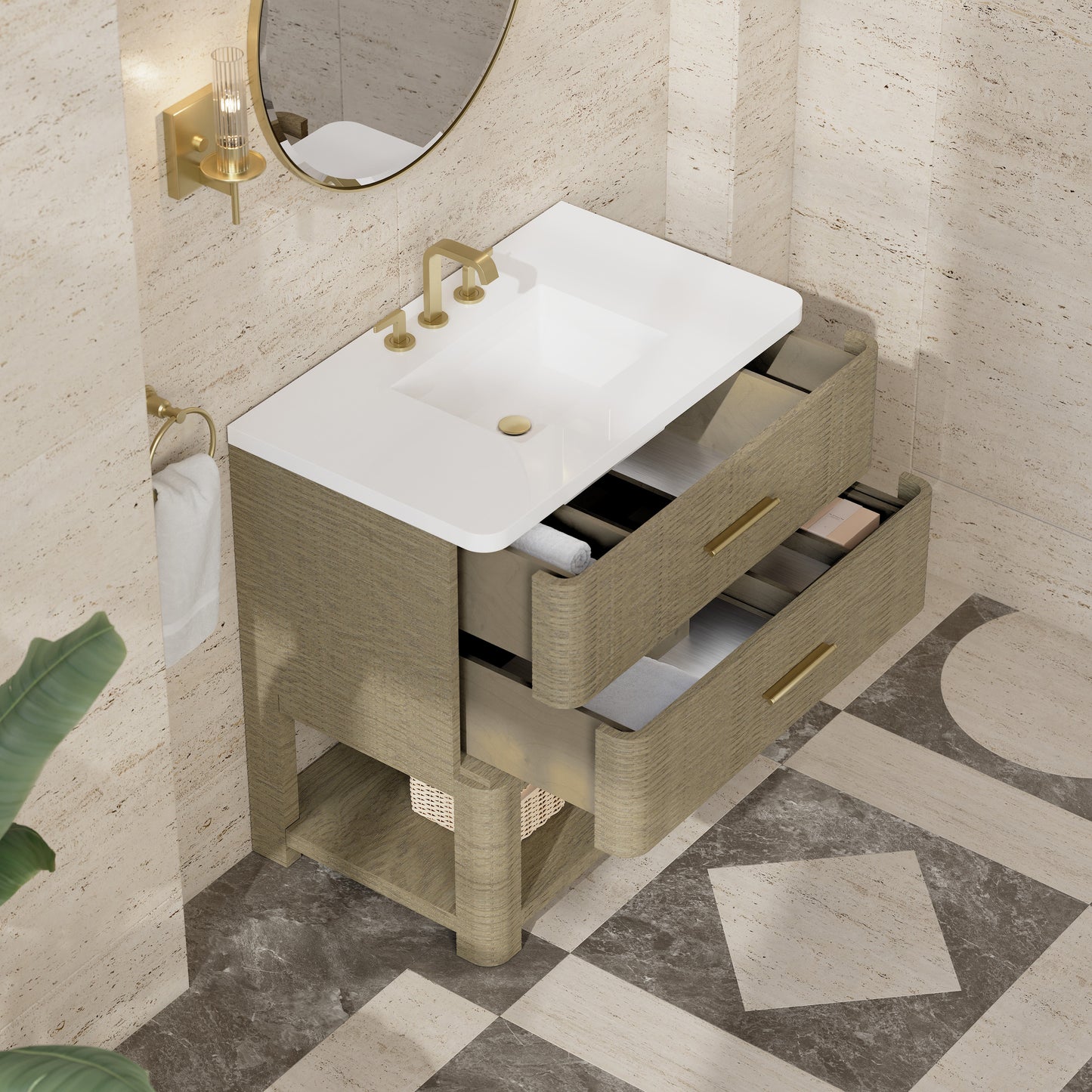 Renovate for Less Atlanta Lucian 36" Single Vanity, Pebble Oak w/ 3 CM White Zeus Silestone Widespread Top