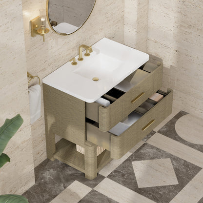 Renovate for Less Atlanta Lucian 36" Single Vanity, Pebble Oak w/ 3 CM White Zeus Silestone Widespread Top