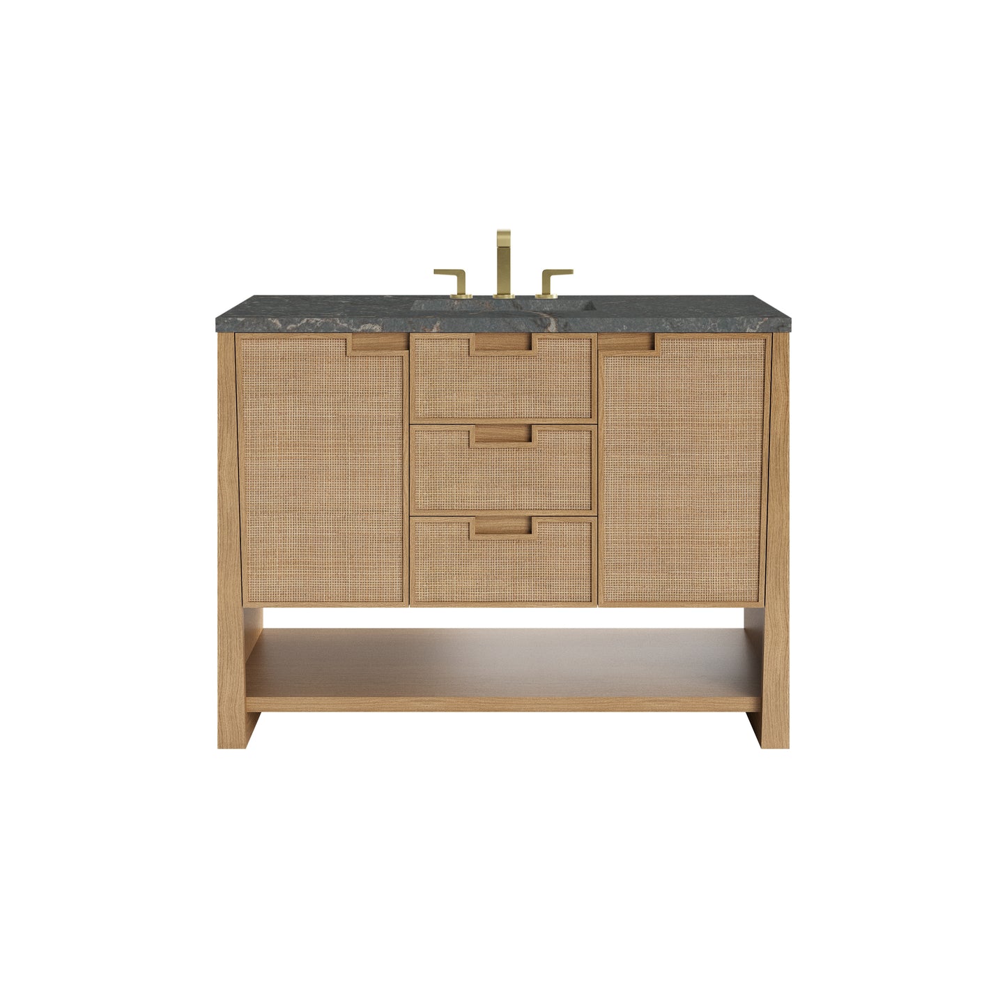 Renovate for Less Atlanta Solene 48" Single Vanity, Seaside Oak, w/ 3 CM Parisien Bleu Silestone Top w/ FreePower Wireless Charger