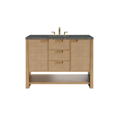 Renovate for Less Atlanta Solene 48" Single Vanity, Seaside Oak, w/ 3 CM Parisien Bleu Silestone Top w/ FreePower Wireless Charger