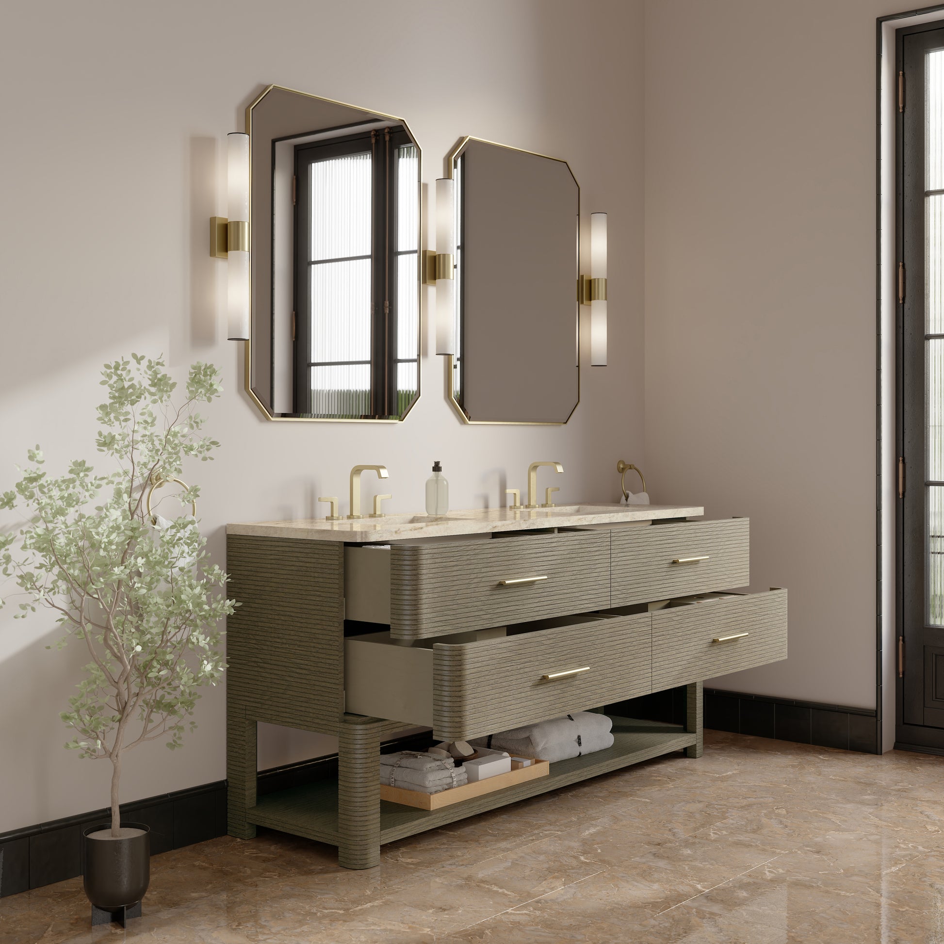 Renovate for Less Atlanta Lucian 72" Double Vanity, Pebble Oak, w/ 3 CM Tajnar Eclos Top w/FreePower Wireless Charger