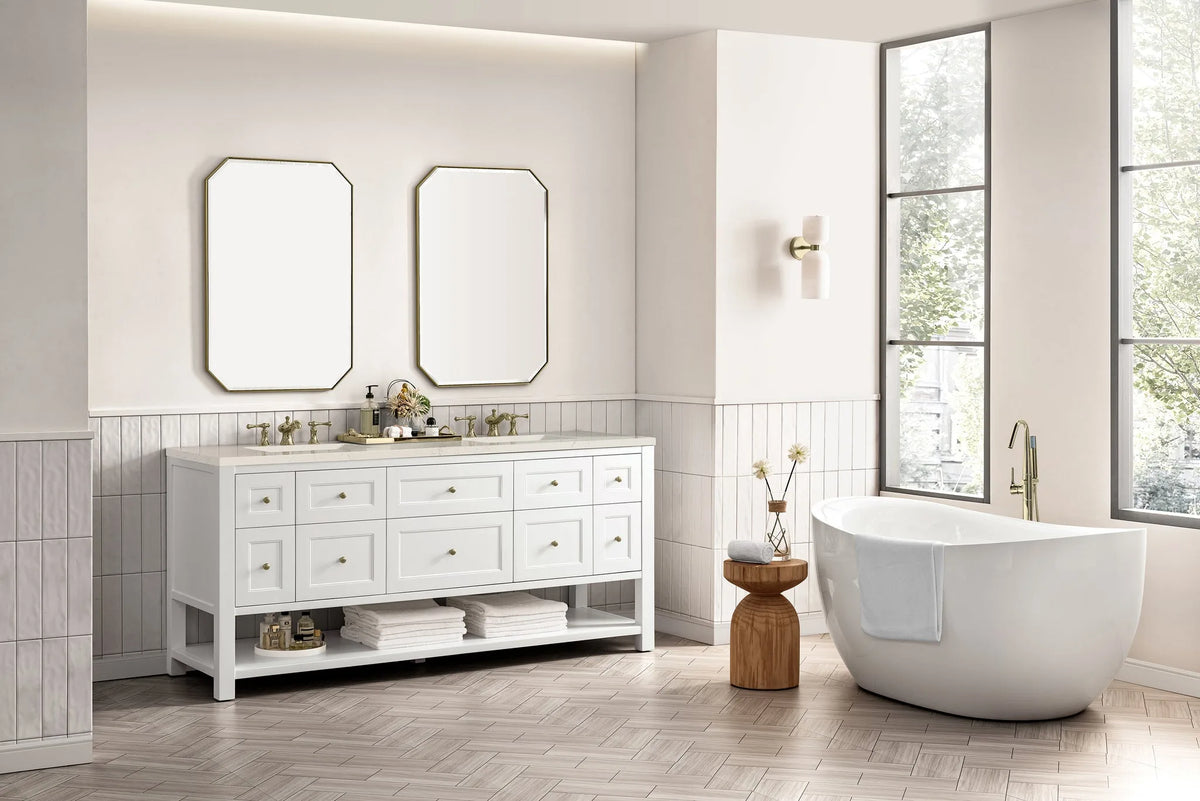 Breckenridge 72" Double Vanity, Bright White, w/ 3 CM Siberian Silestone Top w/FreePower Wireless Charger