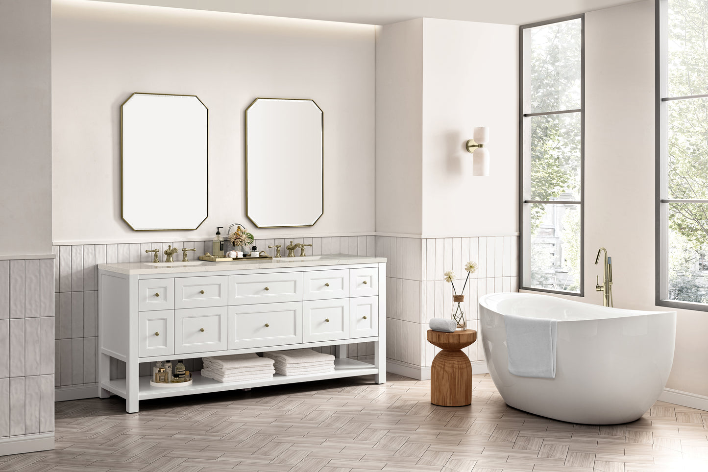 Renovate for Less Atlanta Breckenridge 72" Double Vanity, Bright White, w/ 3 CM Siberian Silestone Top w/FreePower Wireless Charger