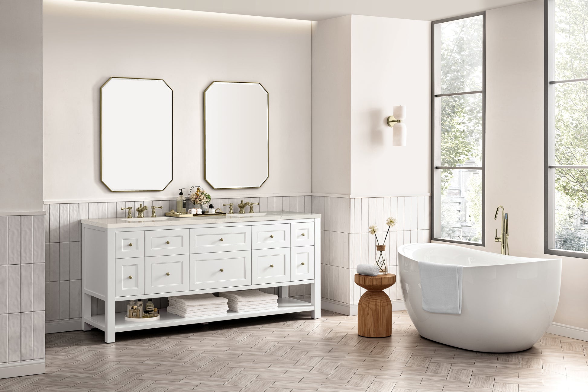 Renovate for Less Atlanta Breckenridge 72" Double Vanity, Bright White, w/ 3 CM Siberian Silestone Top w/FreePower Wireless Charger