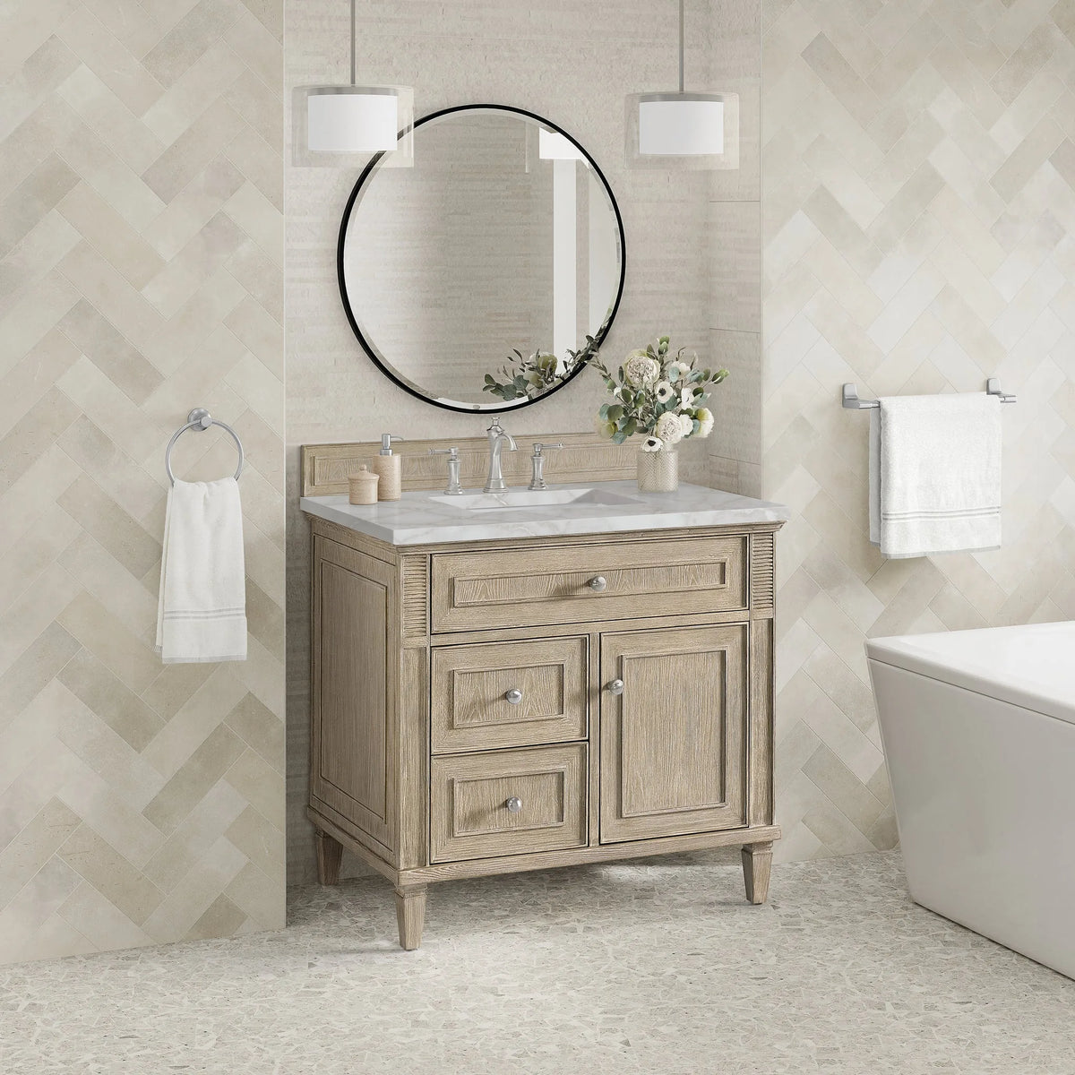 Lorelai 36" Single Vanity, Whitewashed Oak w/ 3 CM Victorian Silver Silestone Top