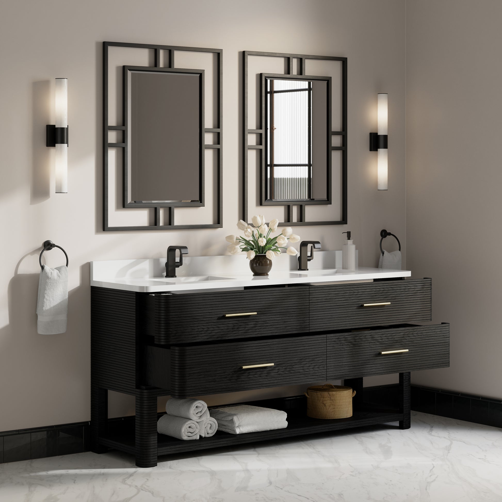 Renovate for Less Atlanta Lucian 72" Double Vanity, Carbon Oak w/ 3 CM White Zeus Silestone Top