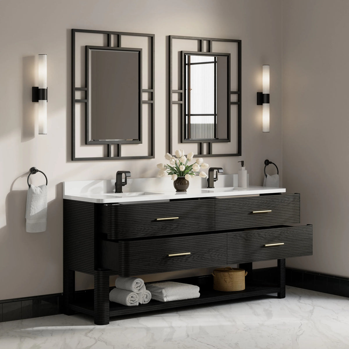 Lucian 72" Double Vanity, Carbon Oak w/ 3 CM White Zeus Silestone Top