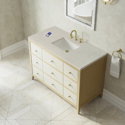 Renovate for Less Atlanta Celeste 48" Single Vanity, Sunwashed Oak with Embossed Shagreen, w/ 3 CM Siberian Silestone Top w/FreePower Wireless Charger