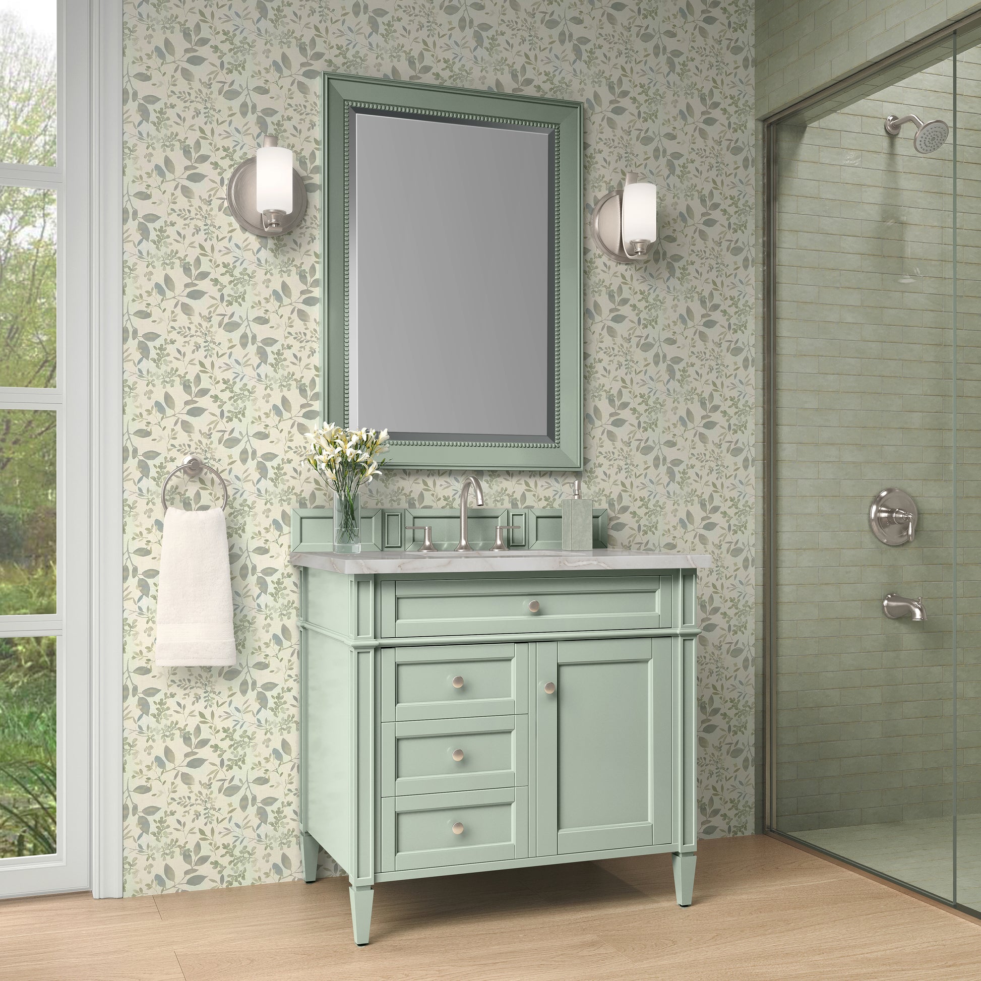 Renovate for Less Atlanta Brittany 36" Single Vanity, Sage Green w/ 3 CM Victorian Silver Silestone Top