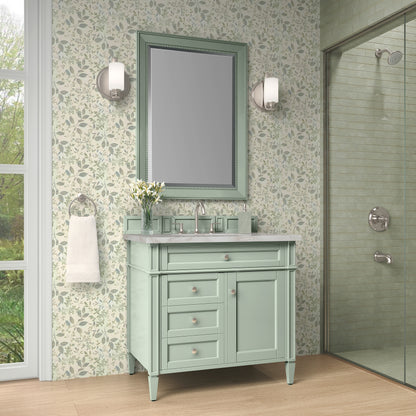 Renovate for Less Atlanta Brittany 36" Single Vanity, Sage Green w/ 3 CM Victorian Silver Silestone Top