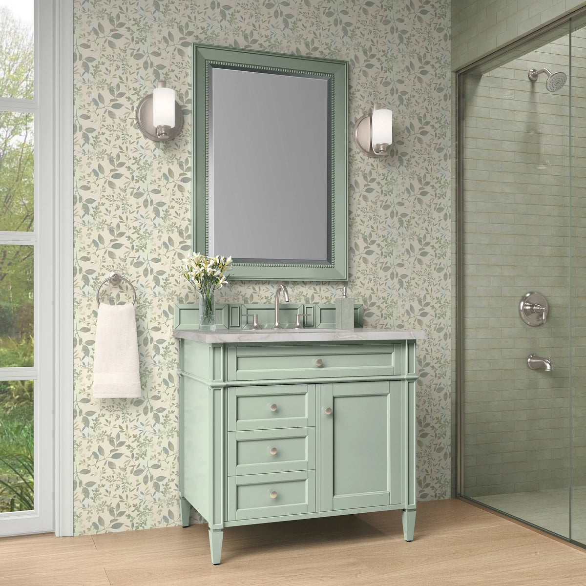 Brittany 36" Single Vanity, Sage Green w/ 3 CM Victorian Silver Silestone Top