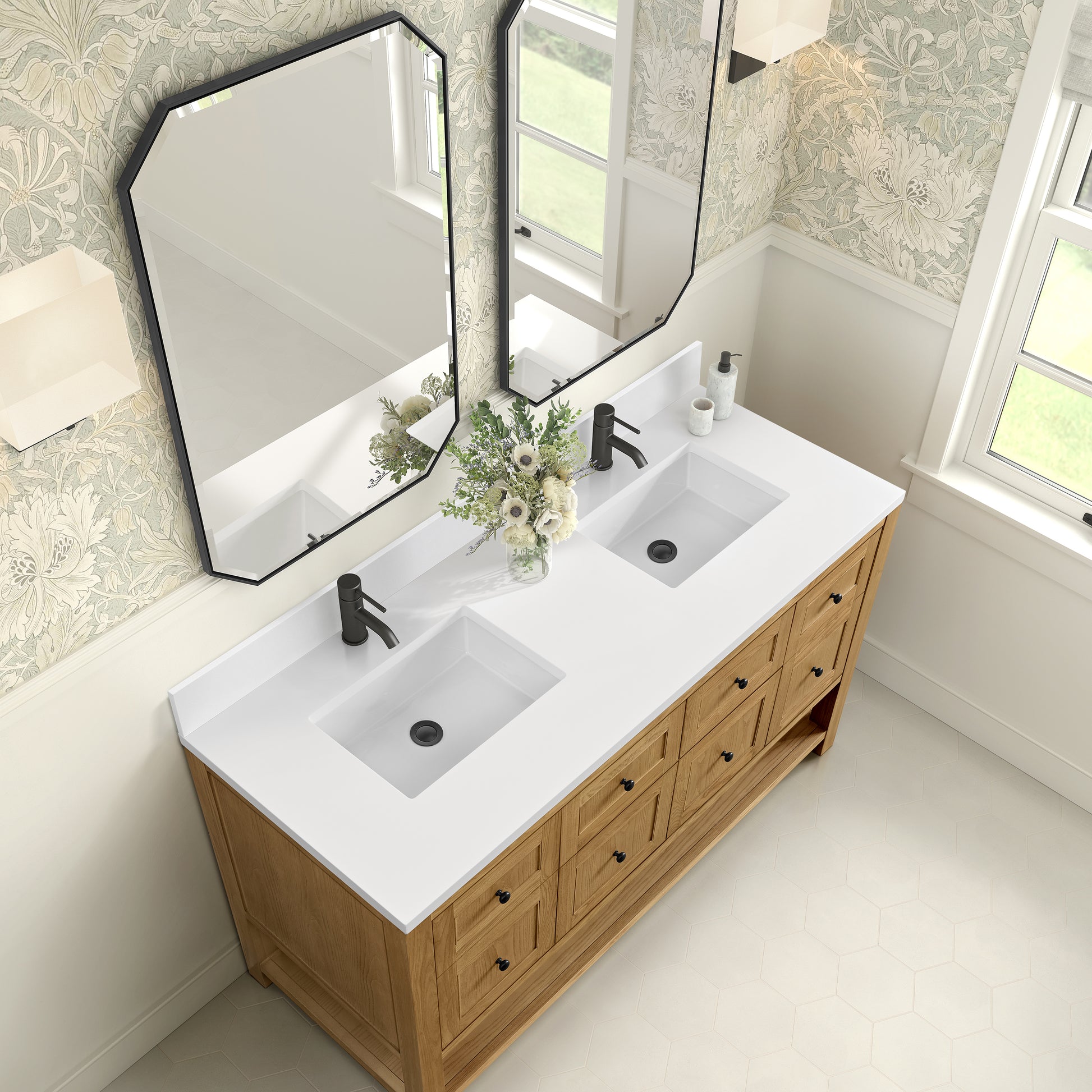 Renovate for Less Atlanta Breckenridge 60" Double Vanity, Light Natural Oak, w/ Single Hole 3 CM White Zeus Quartz Top & Backsplash