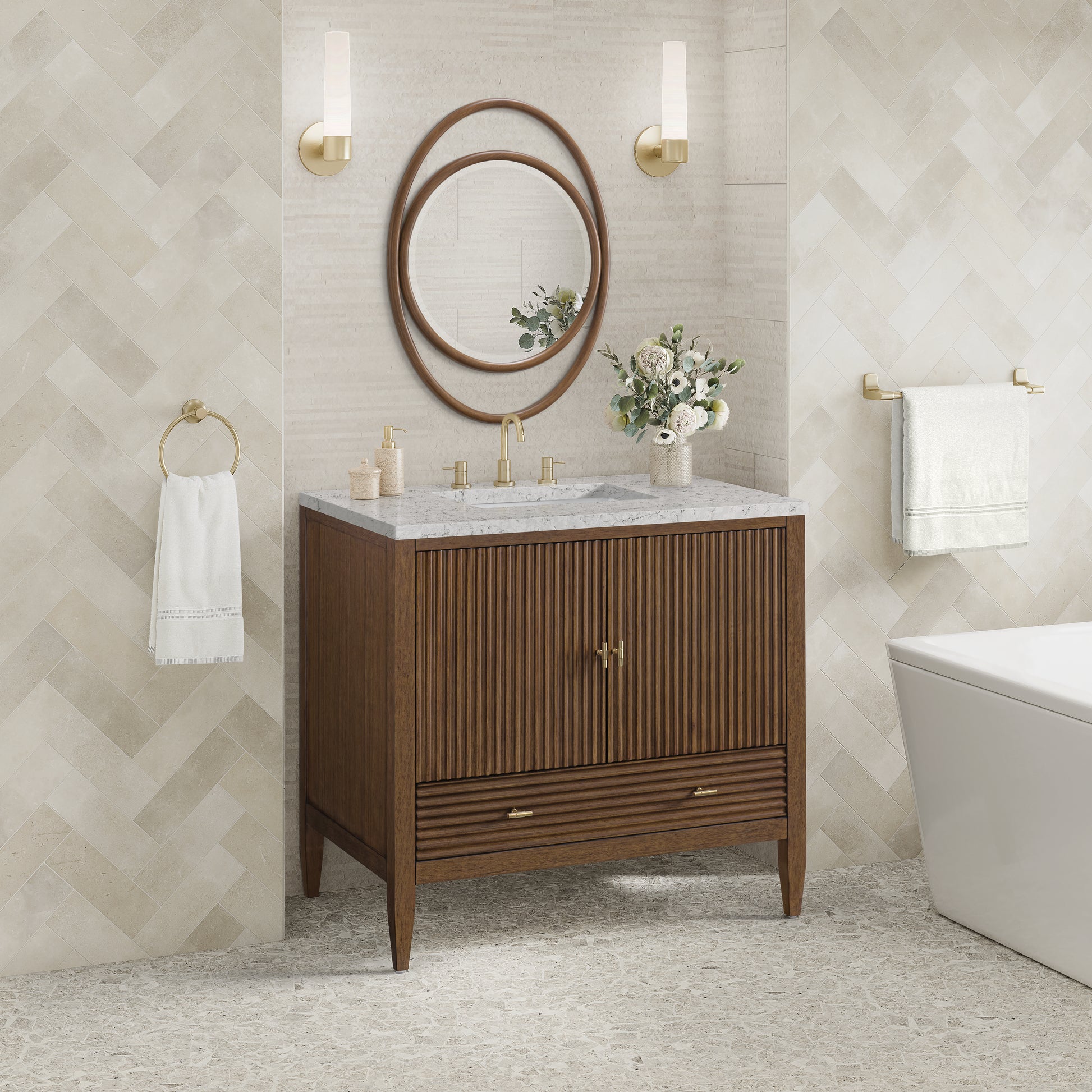 Renovate for Less Atlanta Myrrin 36" Vanity, Mid Century Walnut w/ 3 CM Eternal Jasmine Pearl Silestone Top