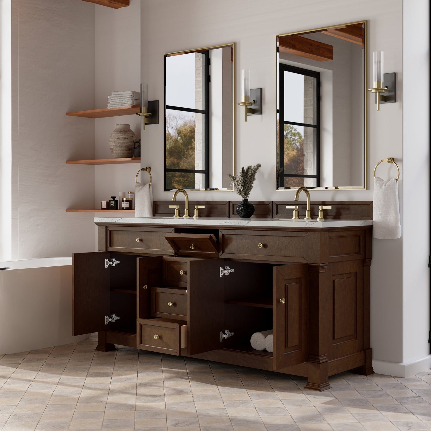 Renovate for Less Atlanta Brookfield 72" Double Vanity, Honey Oak w/ 3 CM Ethereal Noctis Silestone Top