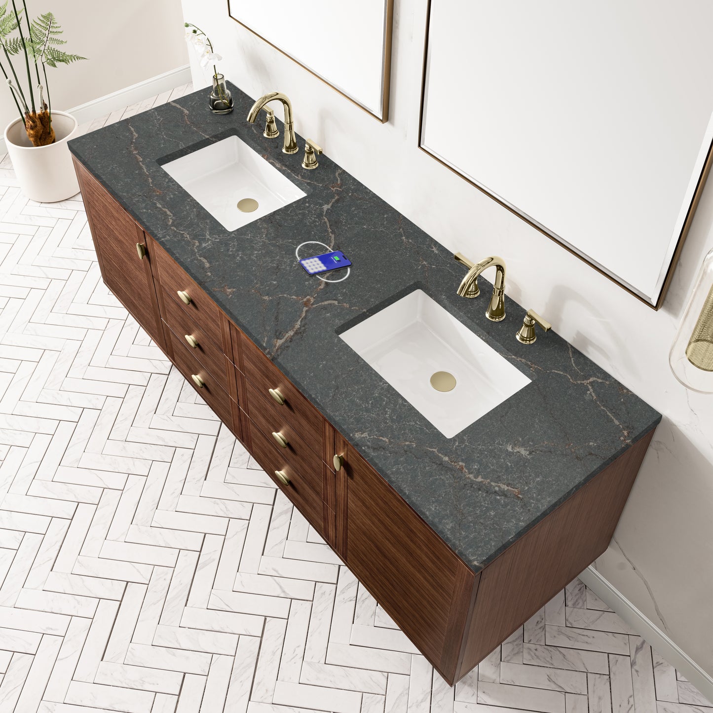 Renovate for Less Atlanta Amberly 72" Double Vanity, Mid-Century Walnut w/ 3 CM Parisien Bleu Top w/FreePower Wireless Charger