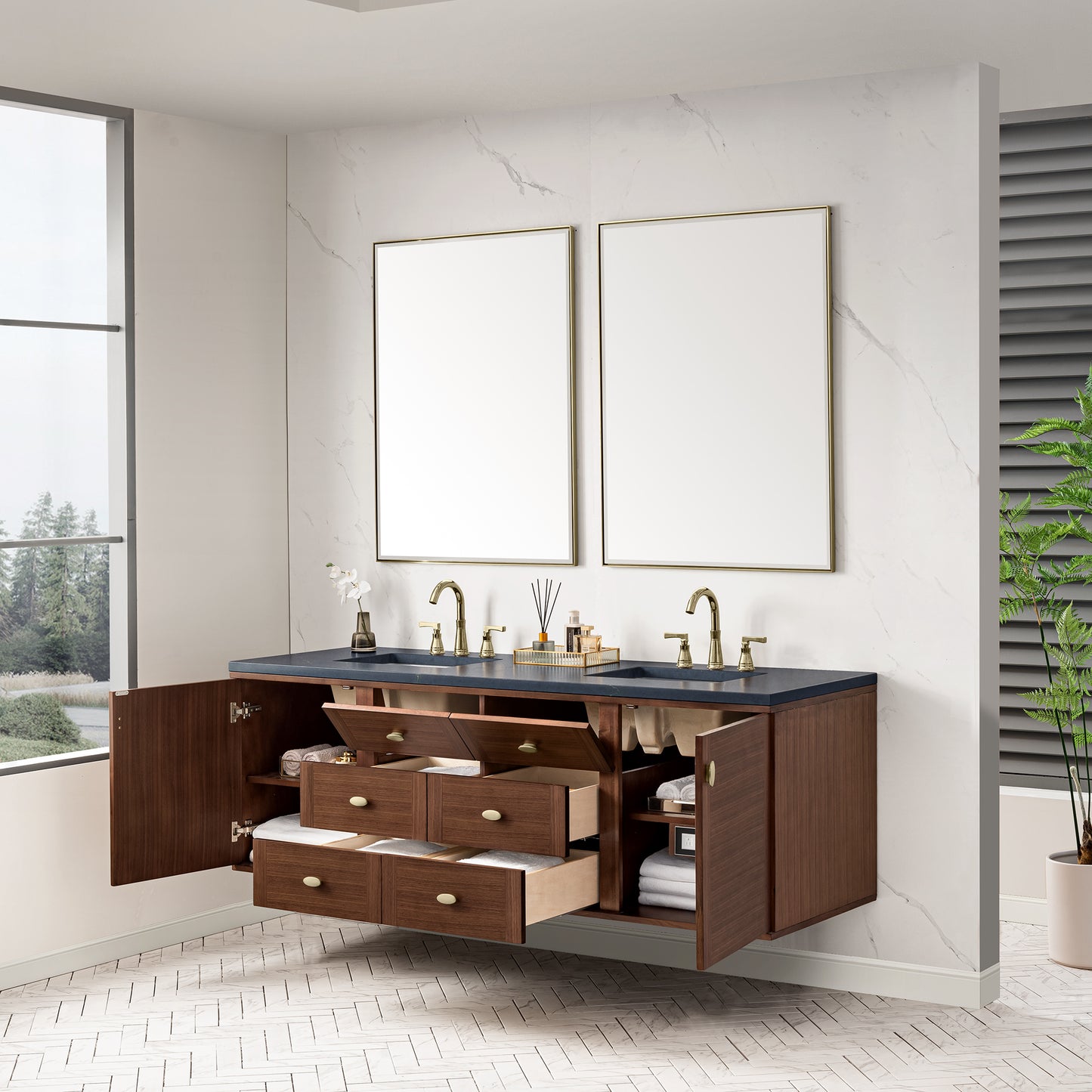 Renovate for Less Atlanta Amberly 72" Double Vanity, Mid-Century Walnut w/ 3 CM Charcoal Soapstone Top