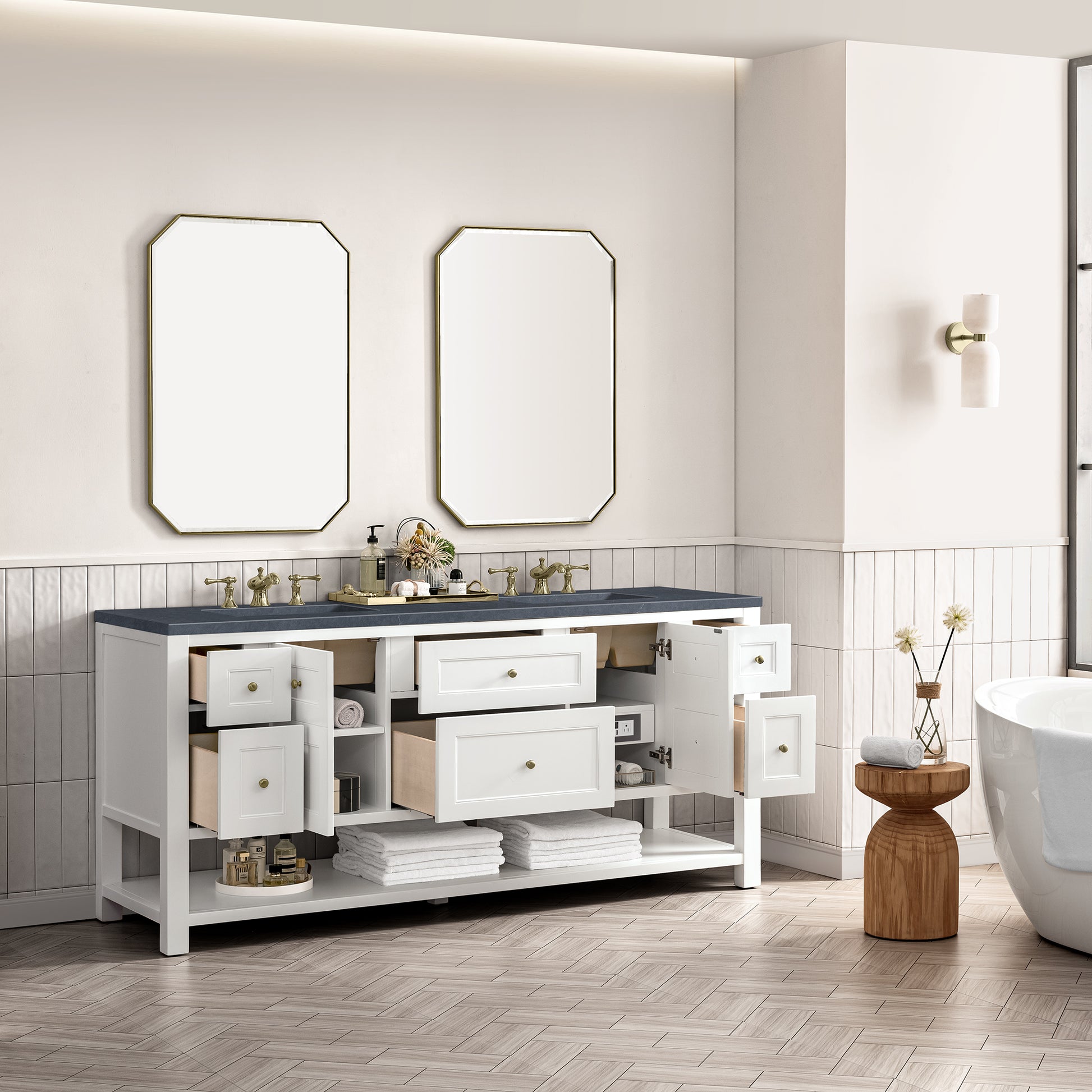 Renovate for Less Atlanta Breckenridge 72" Double Vanity, Bright White w/ 3 CM Charcoal Soapstone Top