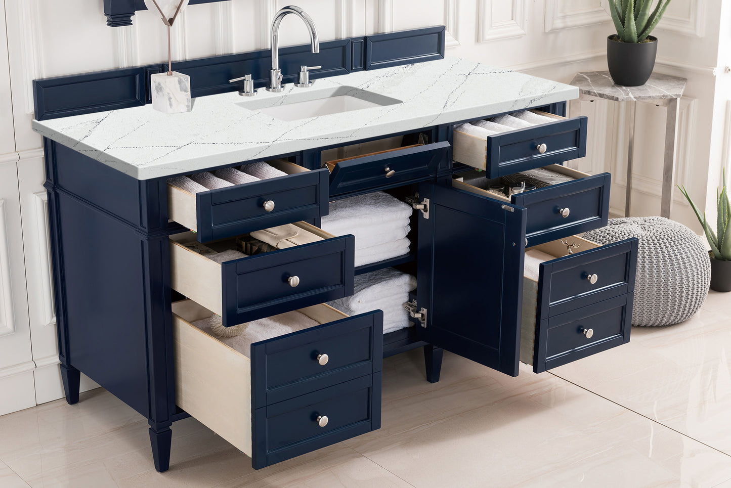 Renovate for Less Atlanta Brittany 60" Single Vanity, Victory Blue w/ 3 CM Ethereal Noctis Silestone Top