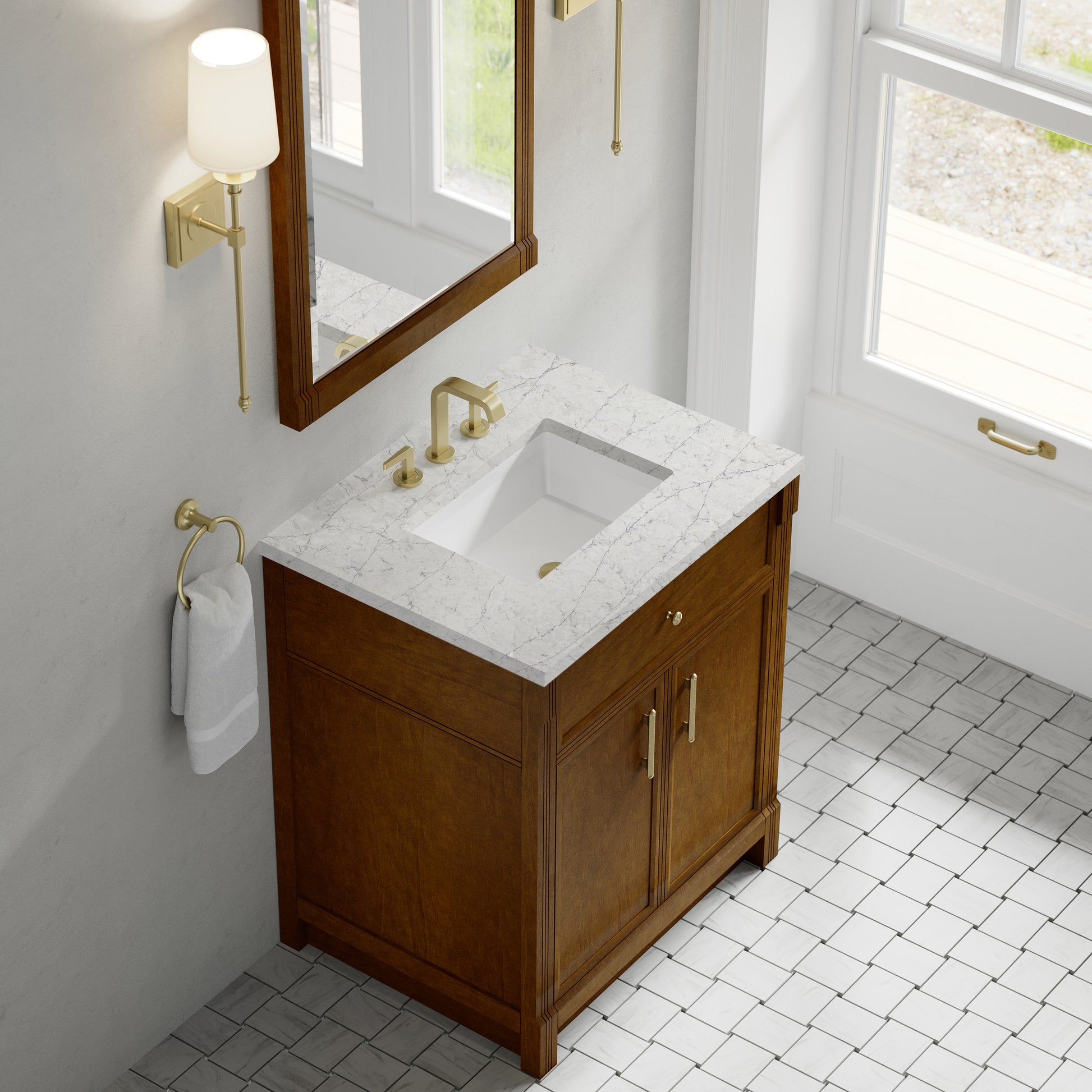 Renovate for Less Atlanta Bellshire 30" Single Vanity, Honey Oak w/ 3 CM Eternal Jasmine Pearl Silestone Top