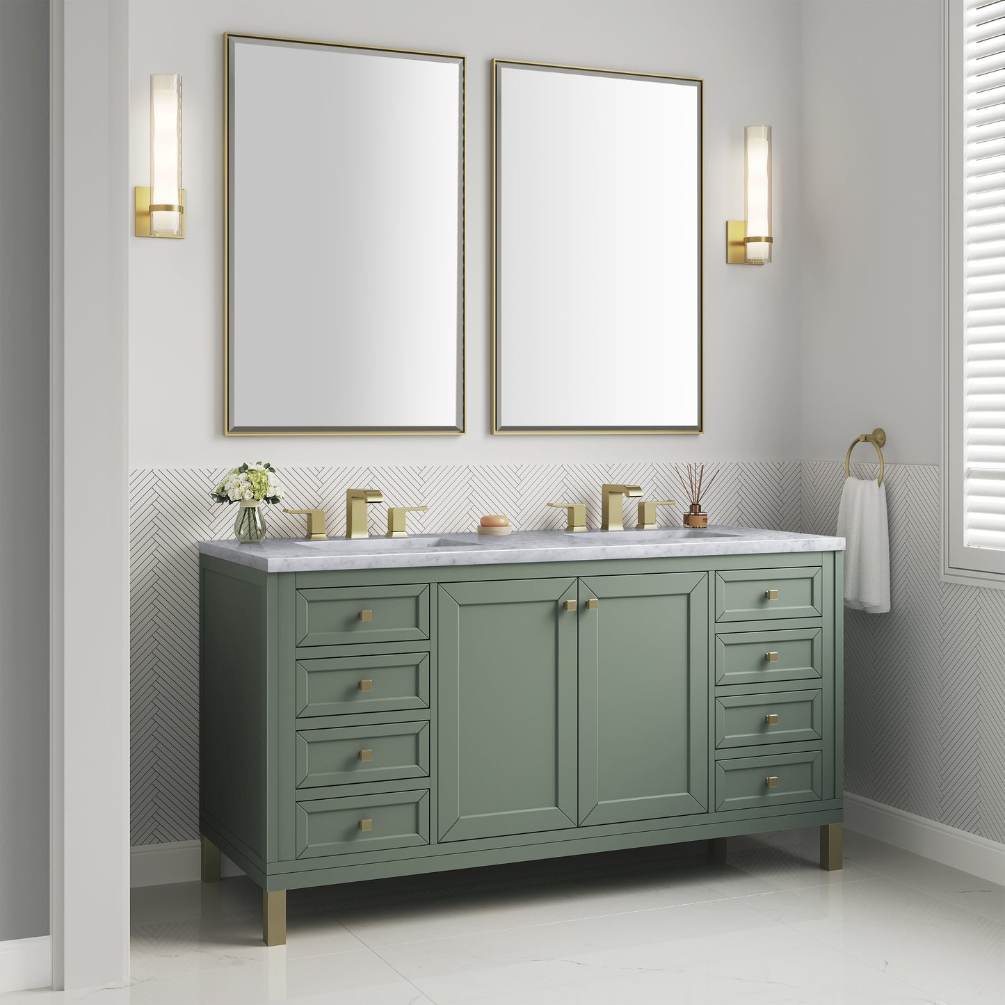 Renovate for Less Atlanta Chicago 60" Double Vanity, Smokey Celadon, w/ 3 CM Carrara Marble Top