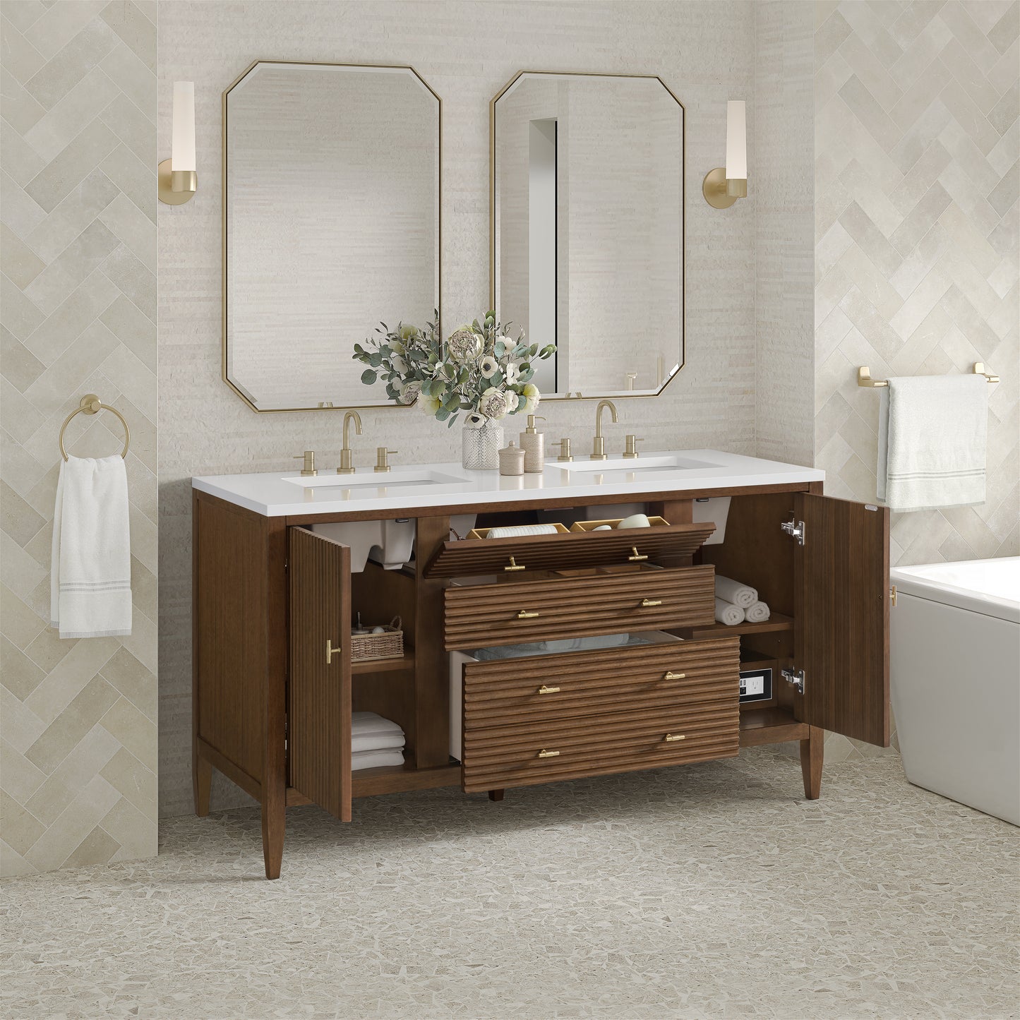 Renovate for Less Atlanta Myrrin 60" Double Vanity, Mid Century Walnut w/ 3 CM White Zeus Silestone Top