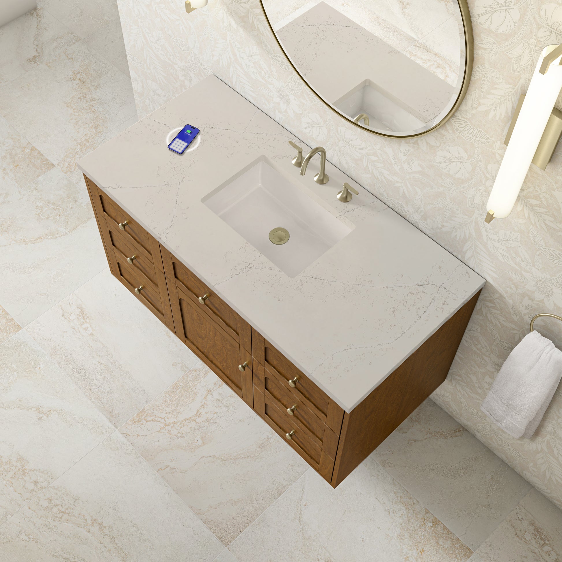 Renovate for Less Atlanta Laurent 48" Single Vanity, Honey Oak w/ 3 CM Siberian Silestone Top w/FreePower Wireless Charger