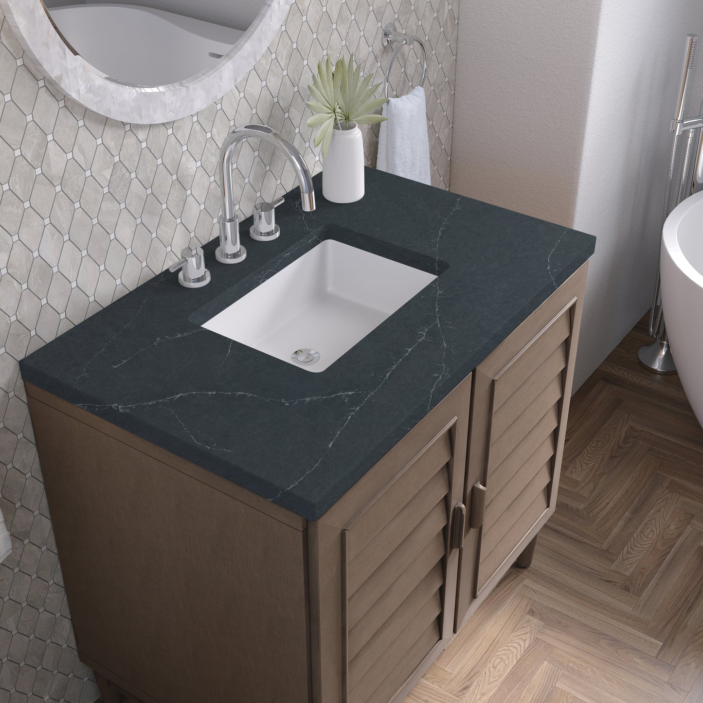 Renovate for Less Atlanta Portland 36" Single Vanity Whitewashed Walnut w/ 3 CM Charcoal Soapstone Silestone Top