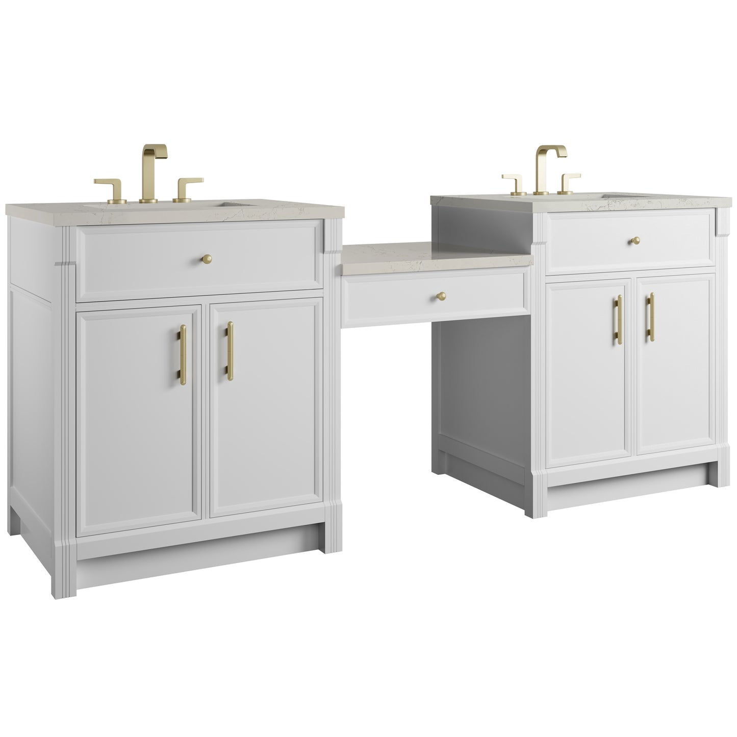 Renovate for Less Atlanta Bellshire 84" Dual Vanity Set with 24" Make-Up Counter, Bright White w/3 cm Siberian Silestone Top